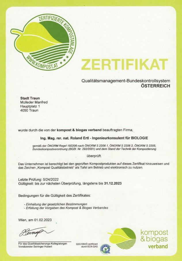 Zertifikat Kompost Qualitätsbetrieb