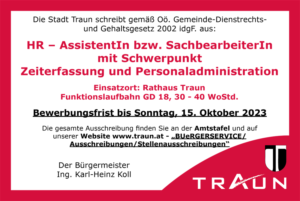 Ausschreibung Stadt Traun - HR – AssistentIn bzw. SachbearbeiterIn mit Schwerpunkt Zeiterfassung und Personaladministration