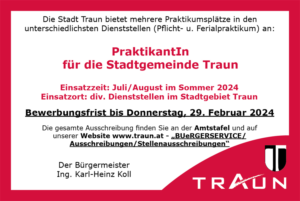 Ausschreibung Stadt Traun - PraktikanIn 2024